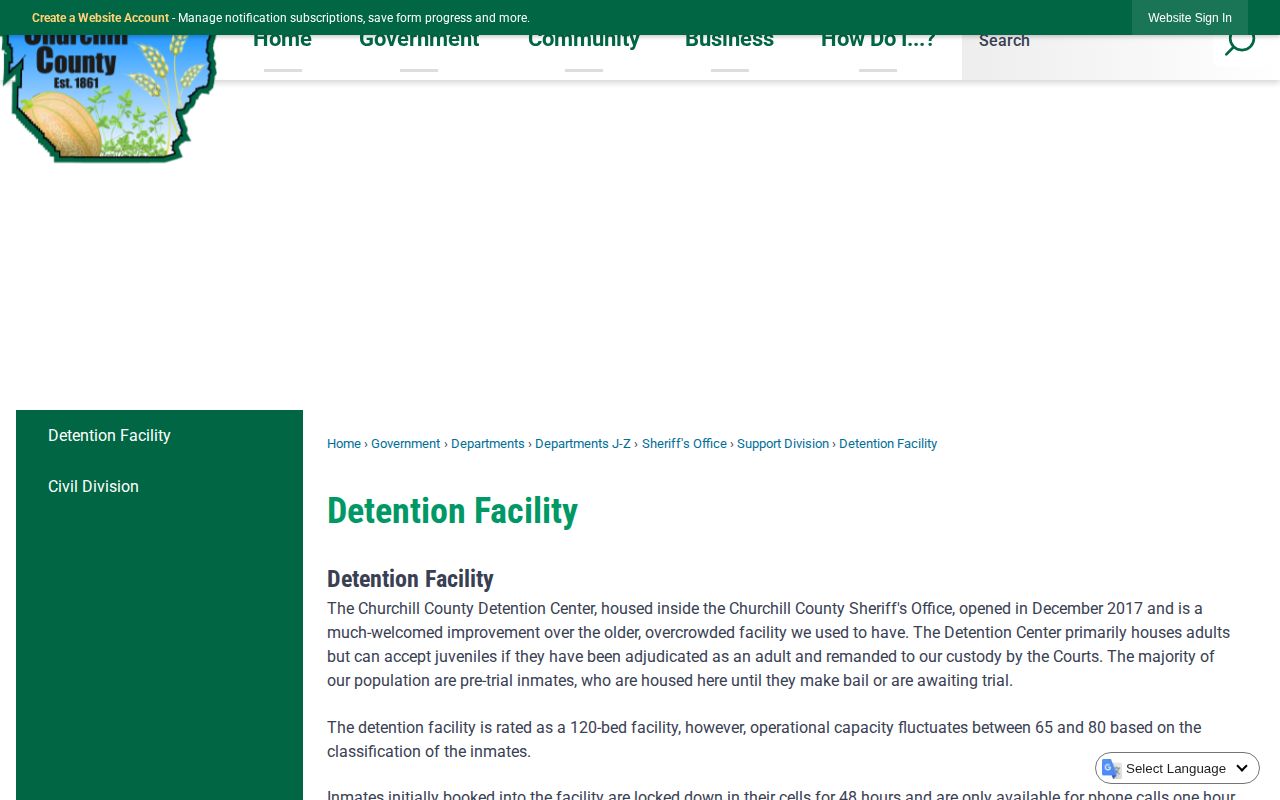 Churchill County Detention Center booking record access page
