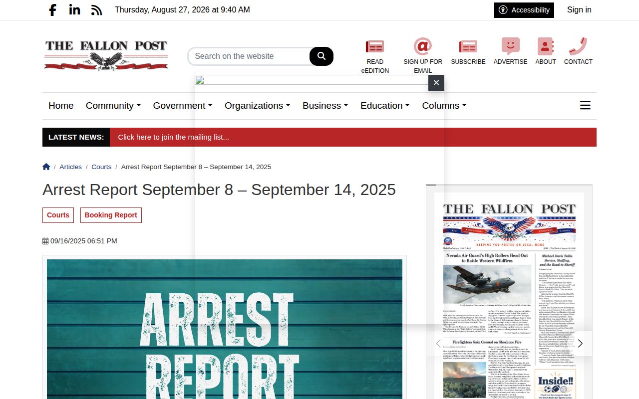 Churchill County weekly booking report example from The Fallon Post